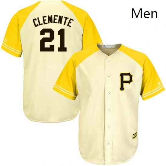 Mens Majestic Pittsburgh Pirates 21 Roberto Clemente Replica CreamGold Exclusive Cool Base MLB Jersey